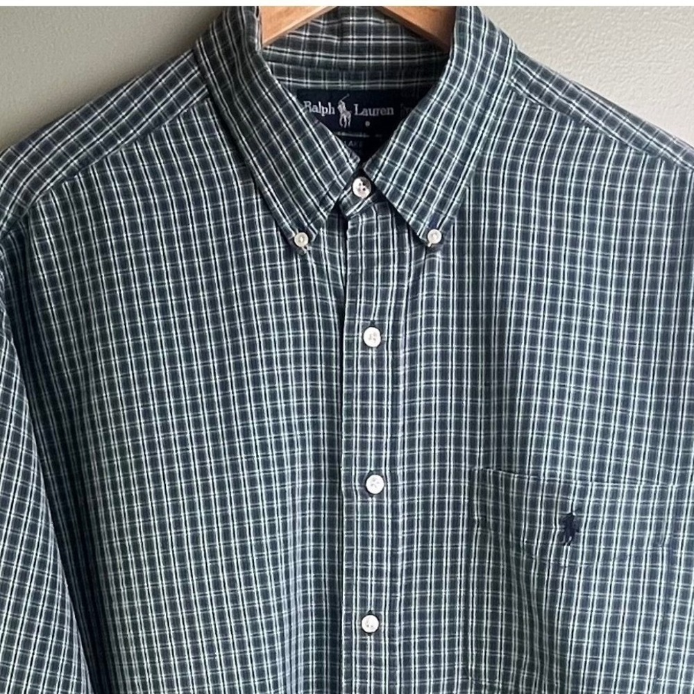 Ralph Lauren Blake Green Blue‎ Checkered Long Sleeve Blue Pony Shirt Men's XL